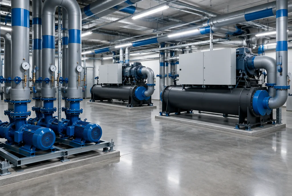 Kältezentrale mit zwei Kaltwassersätzen, Pumpengruppen und gedämmten Rohrleitungen