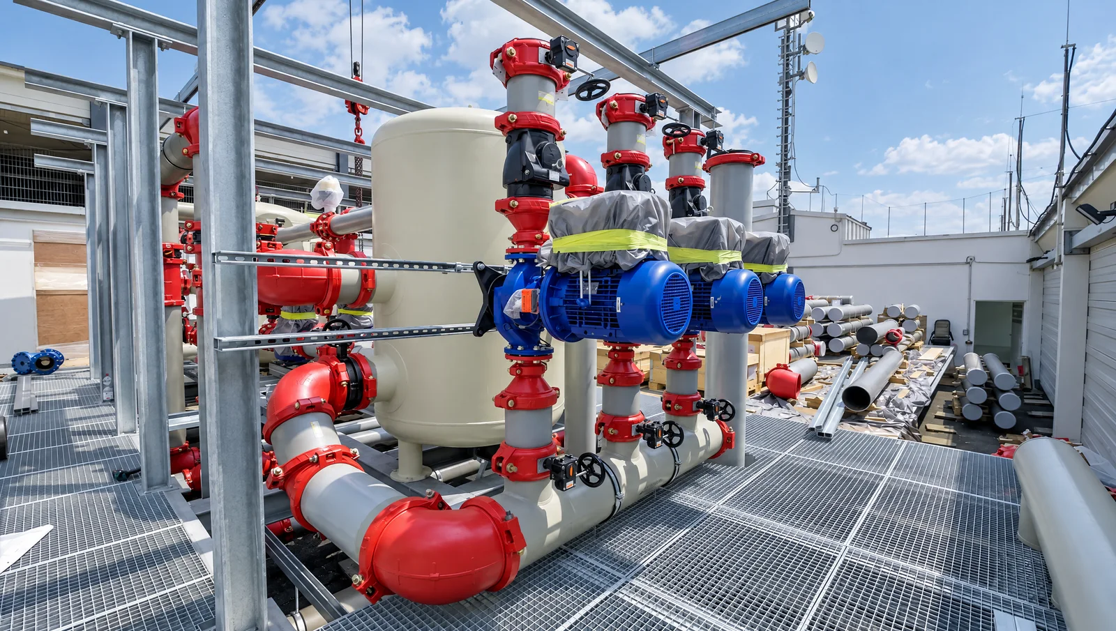 Pumpengruppe der Zentralkühlung bei NorthC in München – blaue Pumpen mit roten Absperrarmaturen und Pufferspeicher auf dem Technikdach