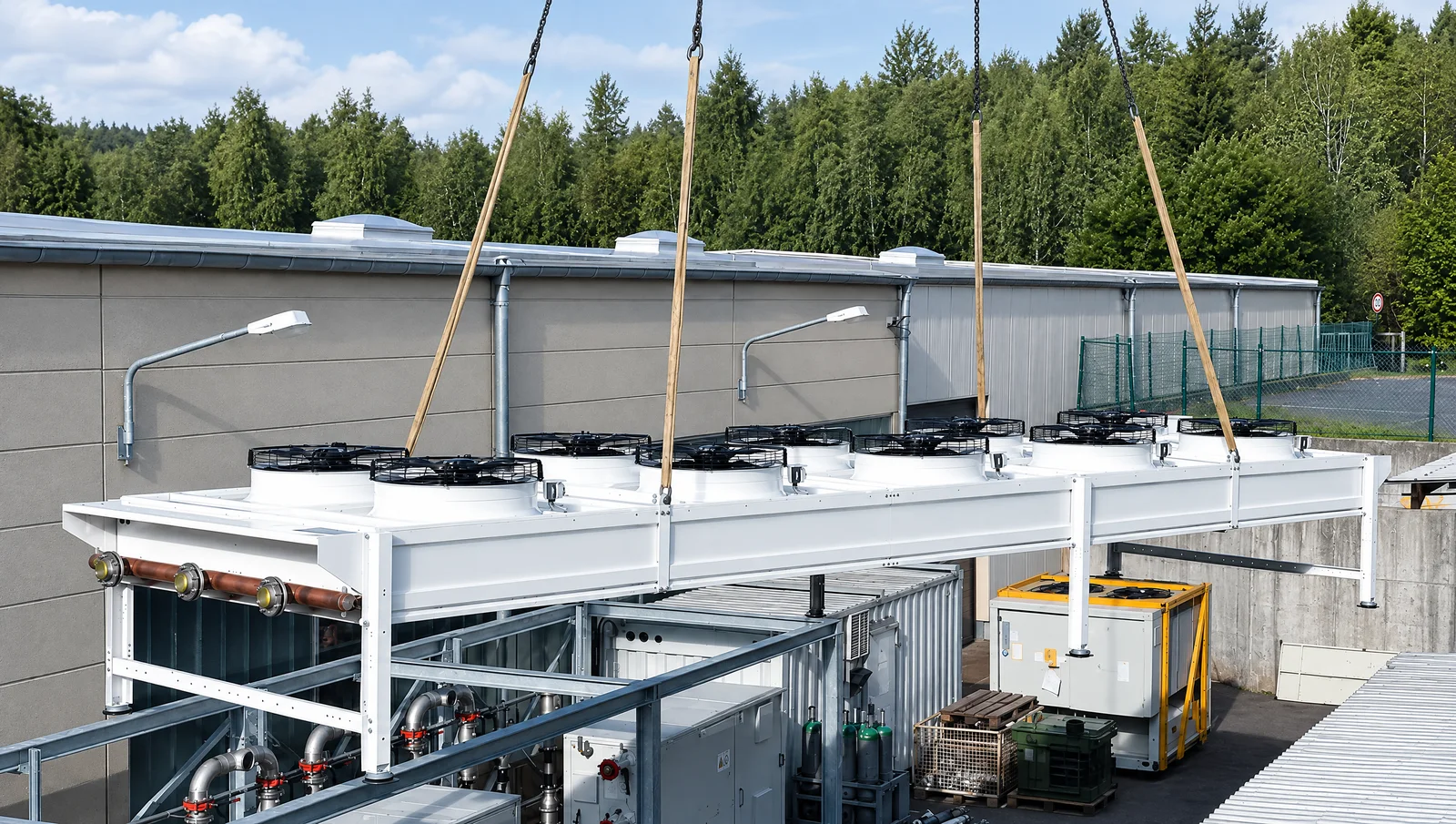 Einhub eines Rückkühlers per Kran auf den Stahlrahmen der Propan-Technikzentrale bei Uponor – Aufstellung im Außenbereich